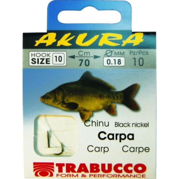 Trabucco Akura Carp 1/0 Lapkás, Szakállas Monofil Előkötött Horog 10db