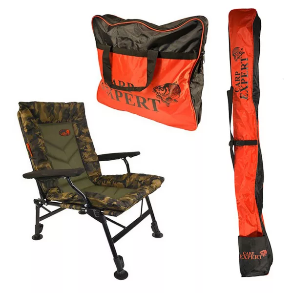 Carp Expert Comfort Camo Horgászszék (25x50cm) Válltaska Szettel