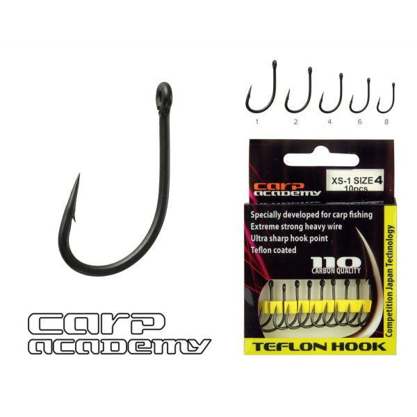 Carp Academy Teflon Hook XS-1 Fekete 1 10db/csomag Füles Szakállas Bojlis horog