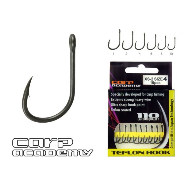 Carp Academy Teflon Hook XS-1 Fekete 6 10db/csomag Füles Szakállas Bojlis horog