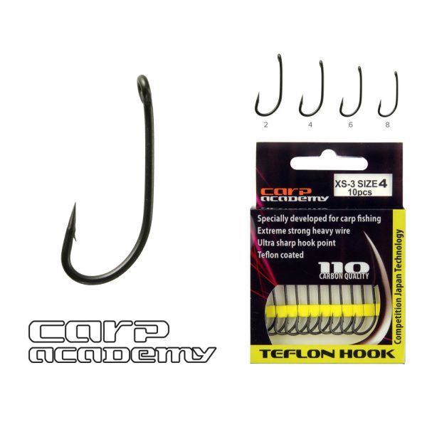 Carp Academy Teflon Hook XS-2 Fekete 8 10db/csomag Füles Szakállas Bojlis horog