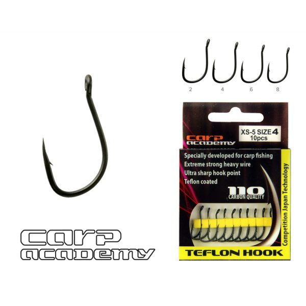 Carp Academy Teflon Hook XS-4 Fekete 6 10db/csomag Füles Szakállas Bojlis horog