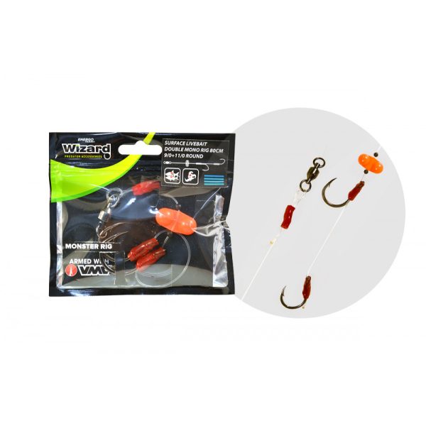 Wizard Monster Surface Livebait Double Mono Rig 9/0+11/0 Round 80cm Dupla Horgos Monofil Előke