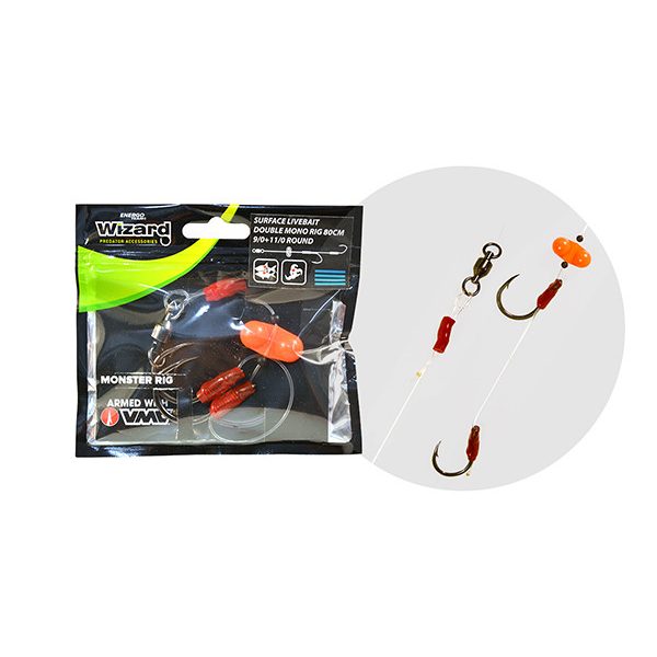 Wizard Monster Surface Livebait Double Mono Rig 7/0+9/0 Round 80cm Dupla Horgos Monofil Előke