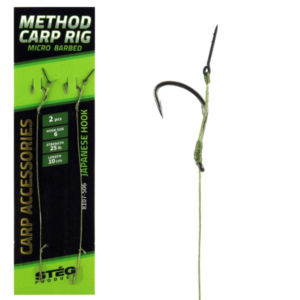Stég Method Carp előke tüskével Fekete 10 2db/csomag Füles Szakállas Monofil előkötött horog