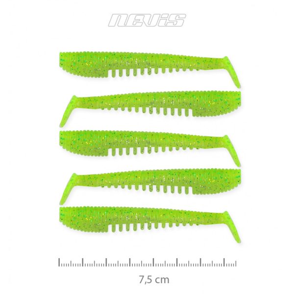 Nevis Impulse Shad 7,5cm 3,05gr 5db/cs Fluo Zöld Flitter X2 Plasztik csali