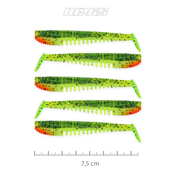 Nevis Impulse Shad 7,5cm 3,05gr 5db/cs Zöld-Narancs Flitter Plasztik csali