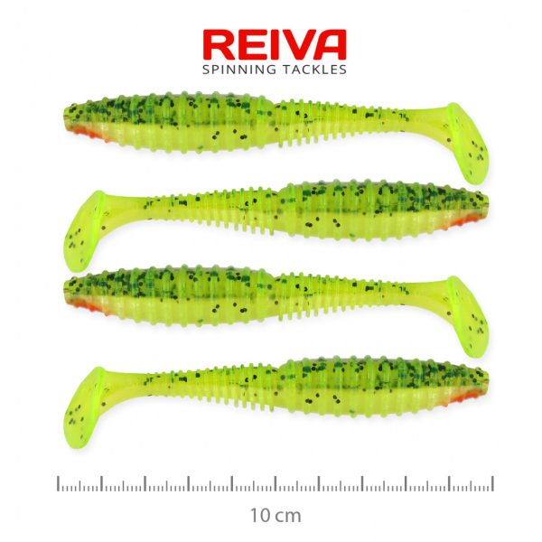 Reiva Zander Power Shad 10cm 7,05gr 4db/cs (Zöld-Narancs Flitter) Plasztik csali