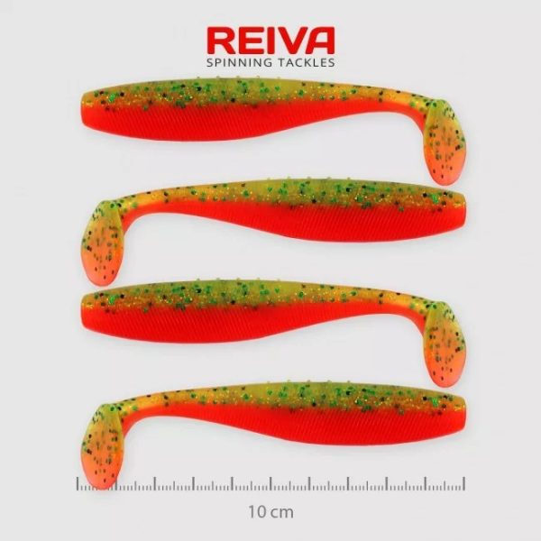 Reiva Flat Minnow Shad 10cm 4db/cs (Zöld-Narancs Flitter) gumihal