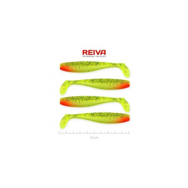Reiva Flat Minnow Shad 10cm 4db/cs (Zöld-Piros Flitter) gumihal