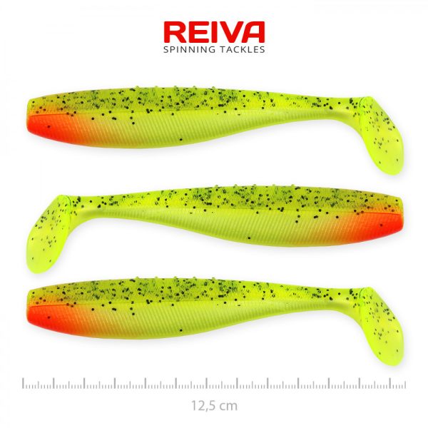 Reiva Flat Minnow shad 12,5cm 3db/cs (Zöld-Piros Flitter) Plasztik csali