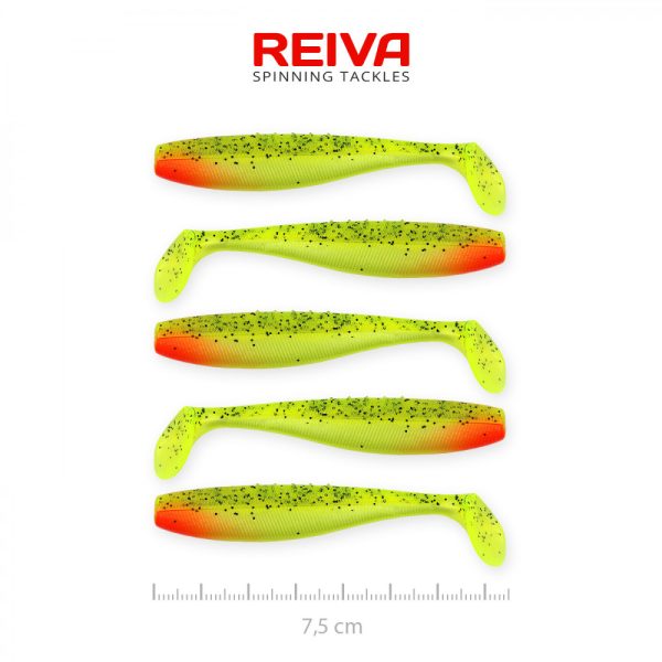 Reiva Flat Minnow shad 7,5cm 5db/cs (Zöld-Piros Flitter) Plasztik csali