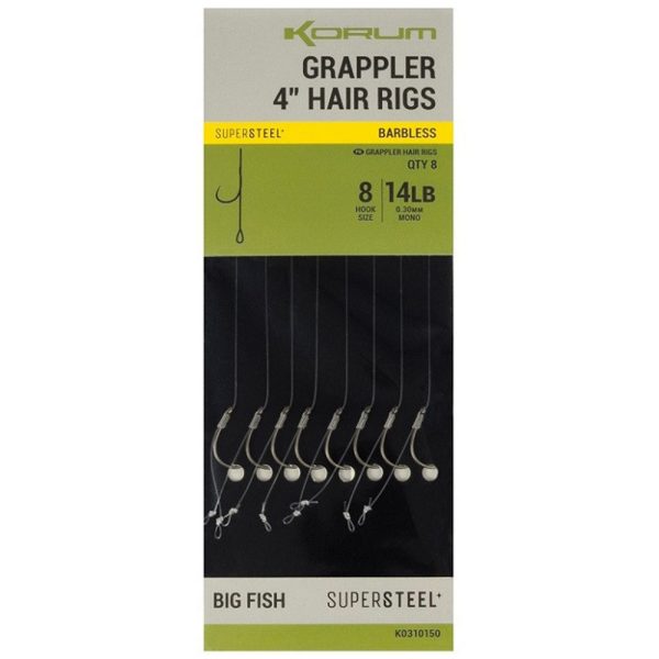 Korum Grappler Hair Rigs 4" 8 Szakáll Nélküli Füles Monofil Előkött Horog