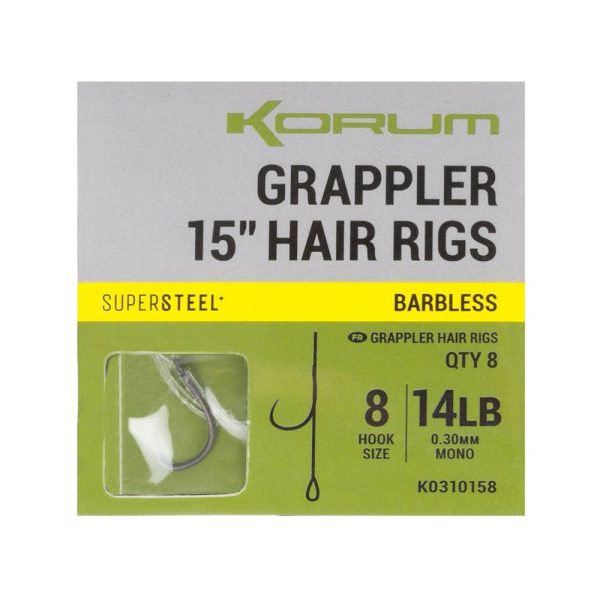 Korum Grappler Hair Rigs 15"  8 Szakáll Nélküli Füles Monofil Előkötött Horog 8db