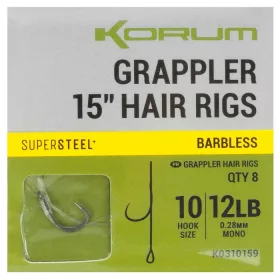   Korum Grappler Hair Rigs 38cm  10 Szakáll Nélküli Füles Monofil Előkötött Horog