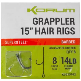   Korum Grappler Hair Rigs 38cm  10 Szakállas Füles Monofil Előkötött Horog