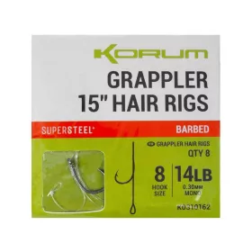   Korum Grappler Hair Rigs 38cm  14 Szakállas Füles Monofil Előkötött Horog