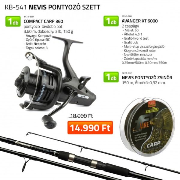 Nevis Compact Carp 360 Bot Avanger XT 6000 Orsóval Nevis Pontyozó Zsinórral Horgász Szet