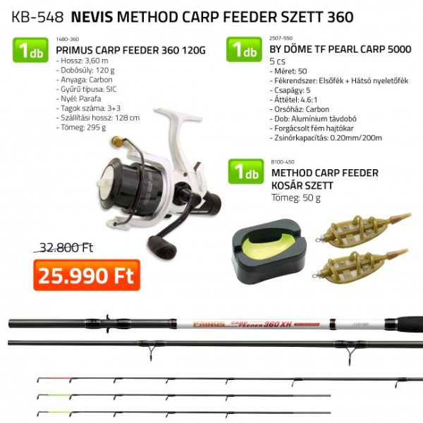 Nevis Primus Carp Feeder 360 120gr Bot By Döme TF Pearl Carp 5000 Orsó Method Carp Feeder Kosár Szettel Horgász Szett