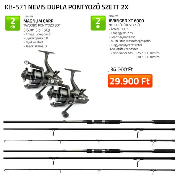 Nevis Magnum Carp 3,60m 3lb Bojlis bot 2db + Avanger XT 6000 Nyeletőfékes Orsó 2db Bojlis Horgász Szett