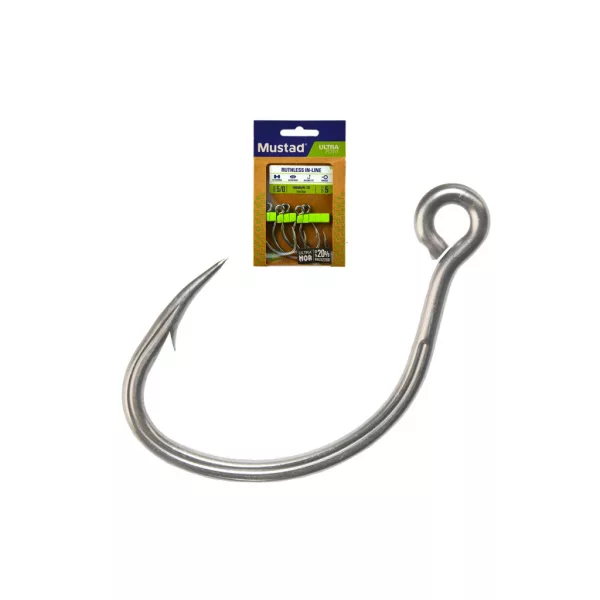 Mustad Ruthless In-Line Titan Steel 2 Füles, Szakállas Horog 6db