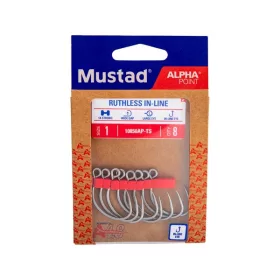   Mustad Ruthless In-Line Titan Steel 5/0 Füles, Szakállas Pergető Horog 10db